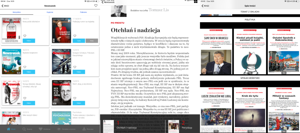 Newsweek Polska na iPad: katalog numerów (po lewej), prezentacja artykułu (środek), spis treści (po prawej)